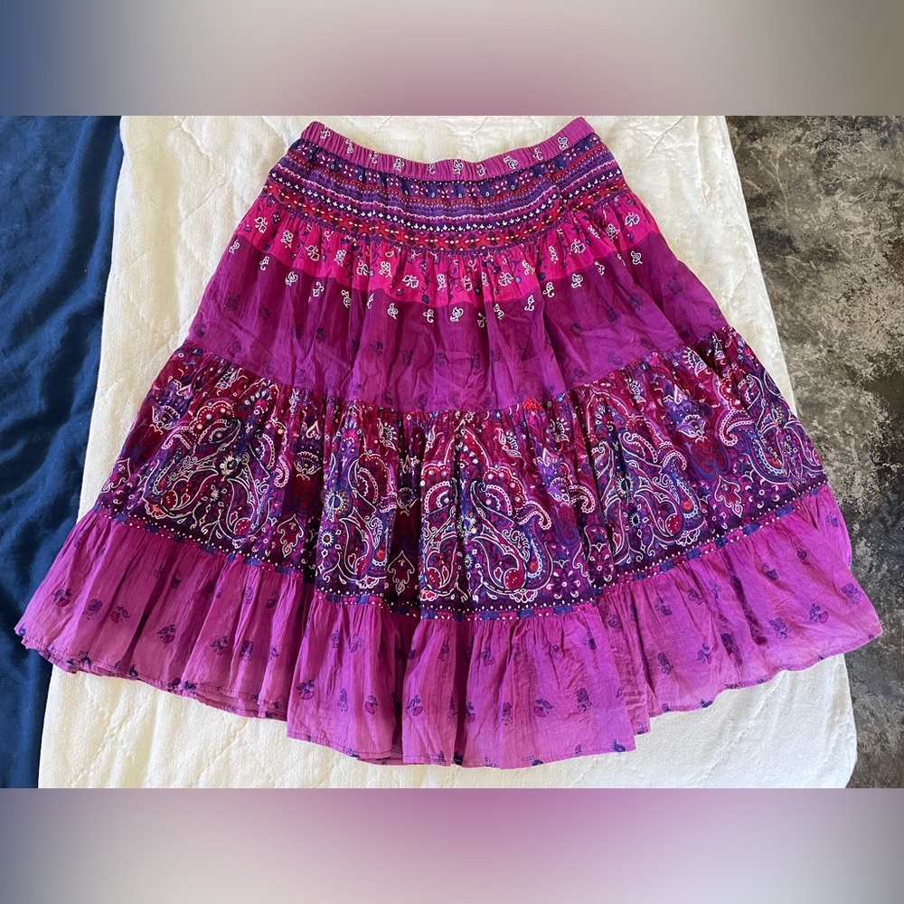BFA Skirt  100% Cotton PL Floral Paisley Peasant Midi Colorful Purple Petite XL